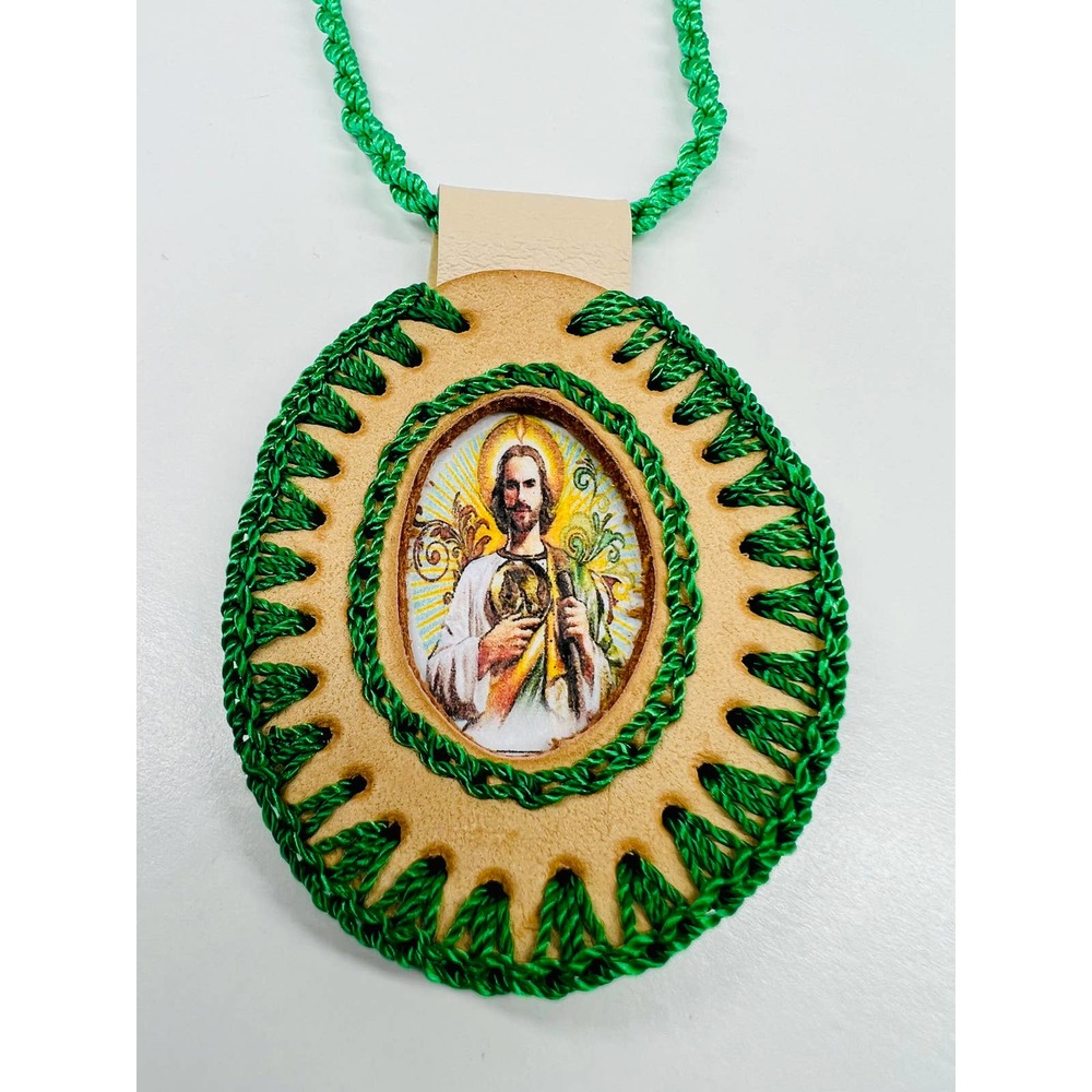 St Jude Leather Scapular Necklace Cream Green Rope Saint Rosary Handmade NEW